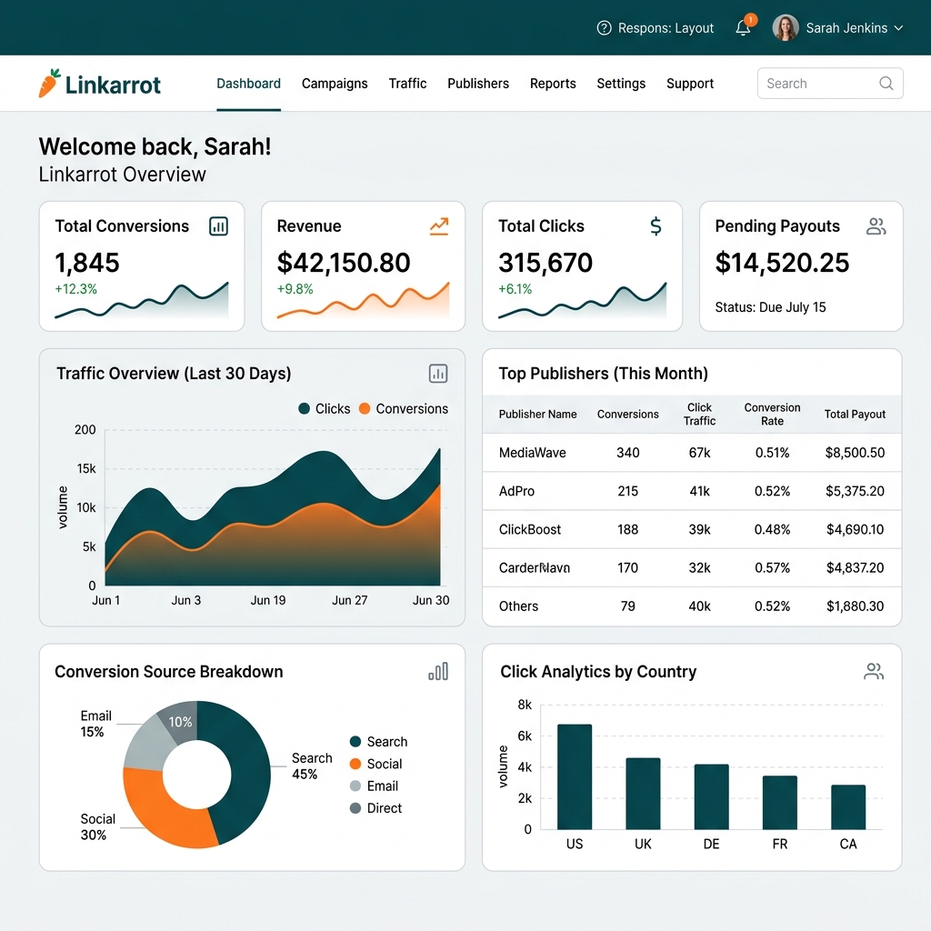 Linkarrot Publisher Analytics Dashboard